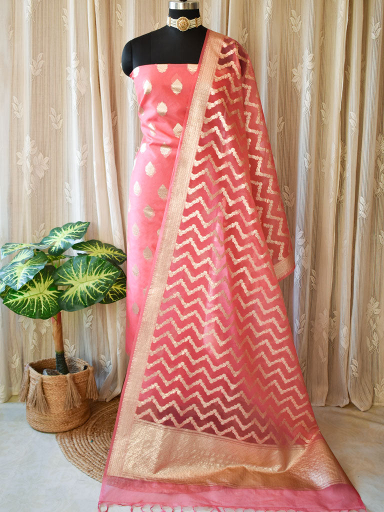 Banarasi Organza Salwar Kameez Material With Silver Zari Weaving & Dupatta-Pink