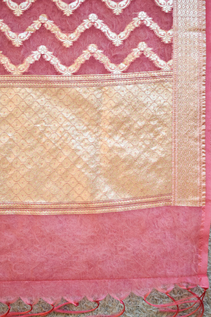 Banarasi Organza Salwar Kameez Material With Silver Zari Weaving & Dupatta-Pink