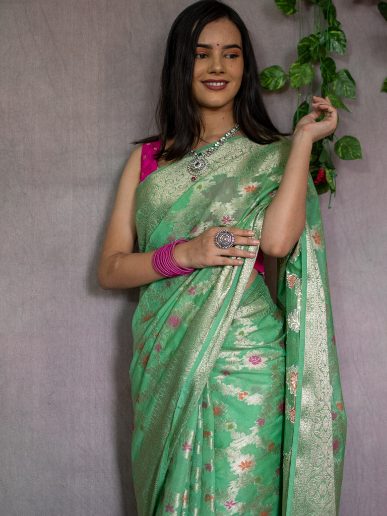 Banarasi Semi Silk Saree With Jaal Zari & Meena Weaving-Green