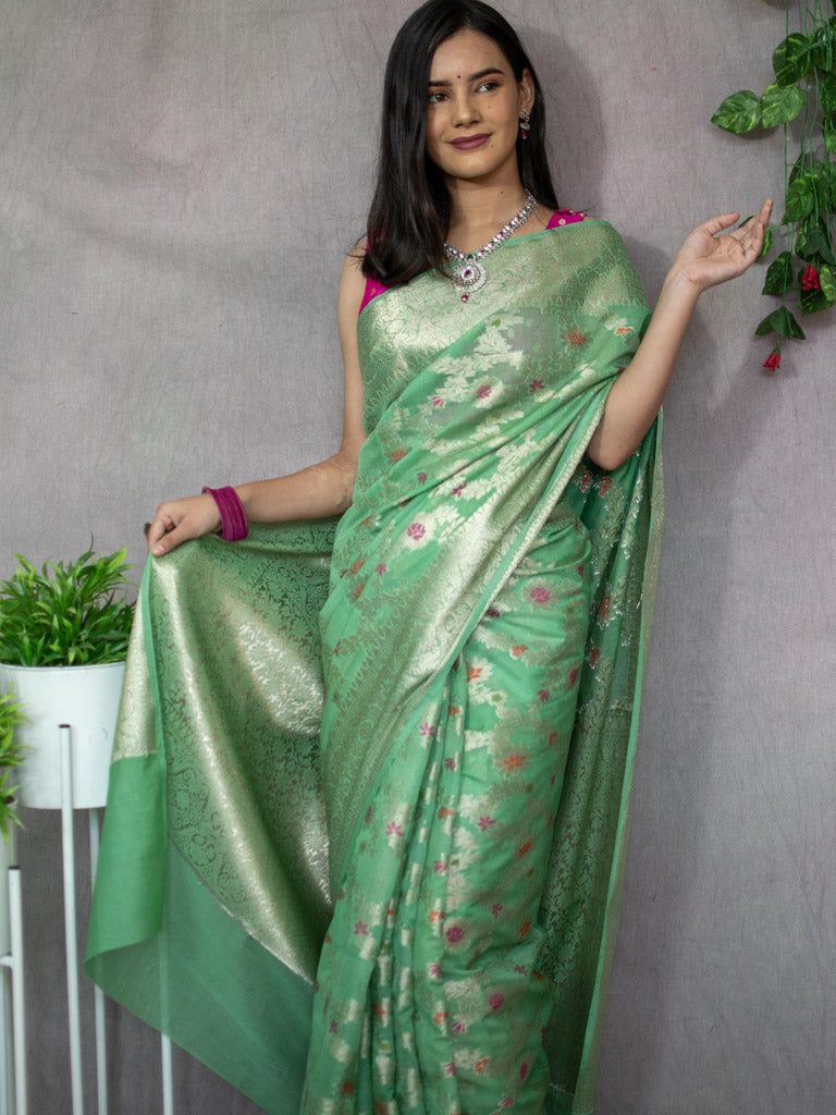 Banarasi Semi Silk Saree With Jaal Zari & Meena Weaving-Green