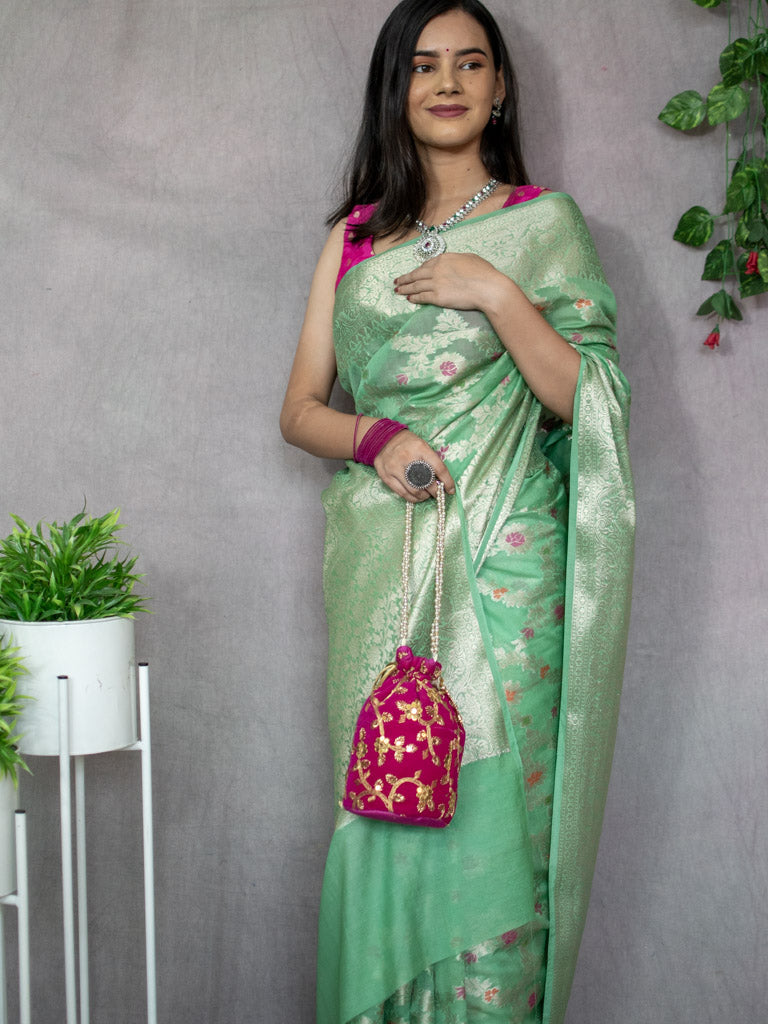 Banarasi Semi Silk Saree With Jaal Zari & Meena Weaving-Green