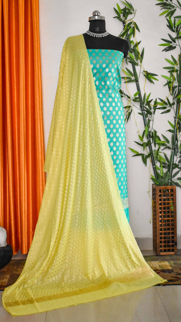 Banarasi Semi Silk Salwar Kameez Fabric With Zari Weaving-Green & Yellow