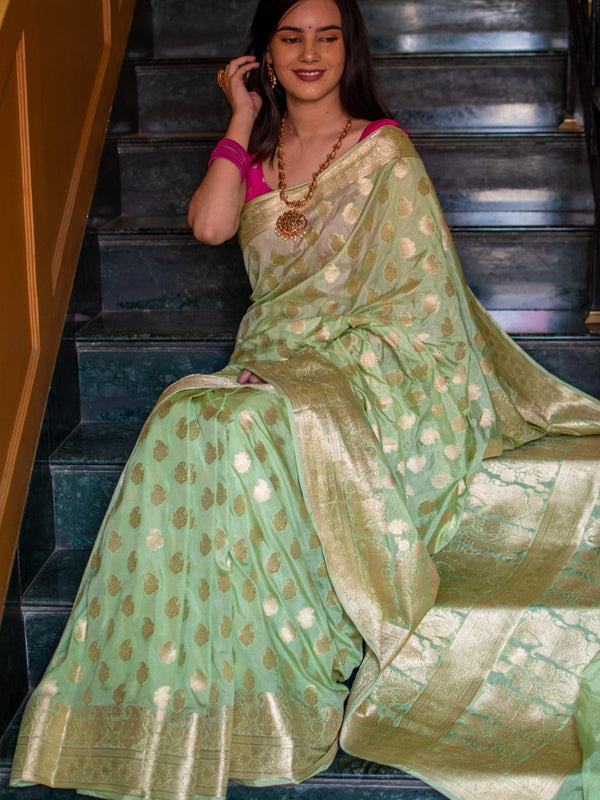 Banarasi Semi Silk Saree With Self Zari Weaving-Pastel Green