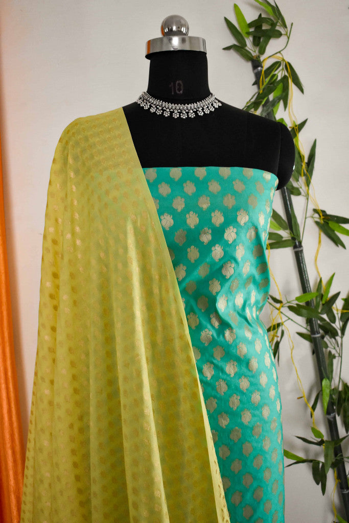 Banarasi Semi Silk Salwar Kameez Fabric With Zari Weaving-Green & Yellow