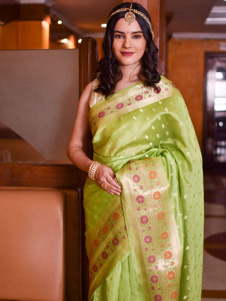 Banarasi Handwoven Pure Dupion Silk Saree With Meena & Zari Floral Weaving-Green