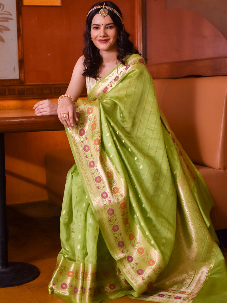 Banarasi Handwoven Pure Dupion Silk Saree With Meena & Zari Floral Weaving-Green
