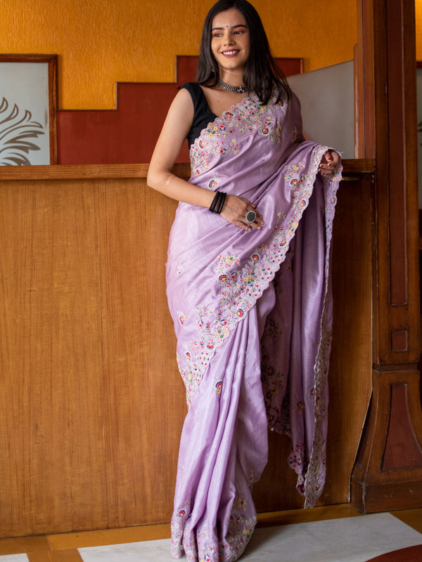 Floral Embroidered Raw Silk Saree-Lavender