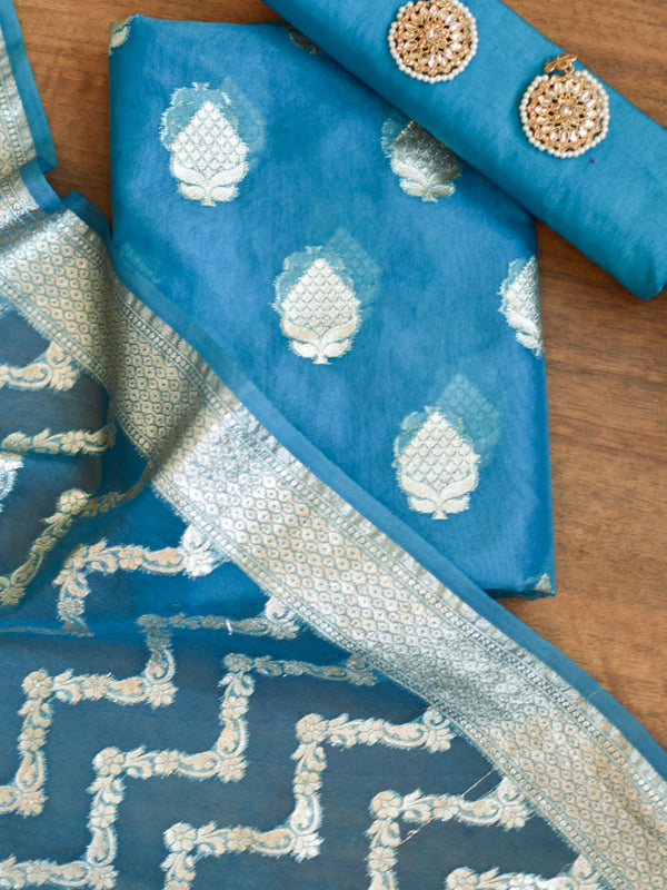 Banarasi Organza Salwar Kameez Material With Silver Zari Weaving & Dupatta-Blue