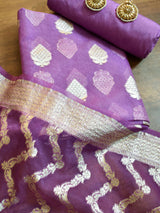Banarasi Organza Salwar Kameez Material With Silver Zari Weaving & Dupatta-Violet
