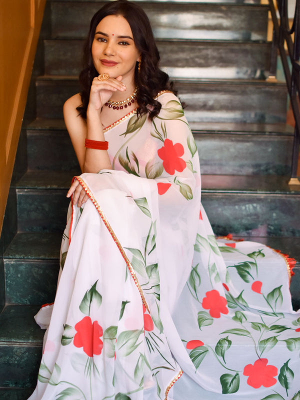 Floral Printed Semi Chiffon Saree With Laced Border-White