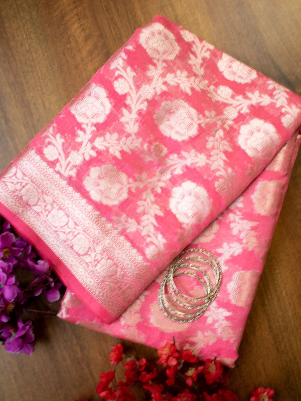 Banarasi Organza Mix Saree With Floral Jaal Zari Weaving-Pink