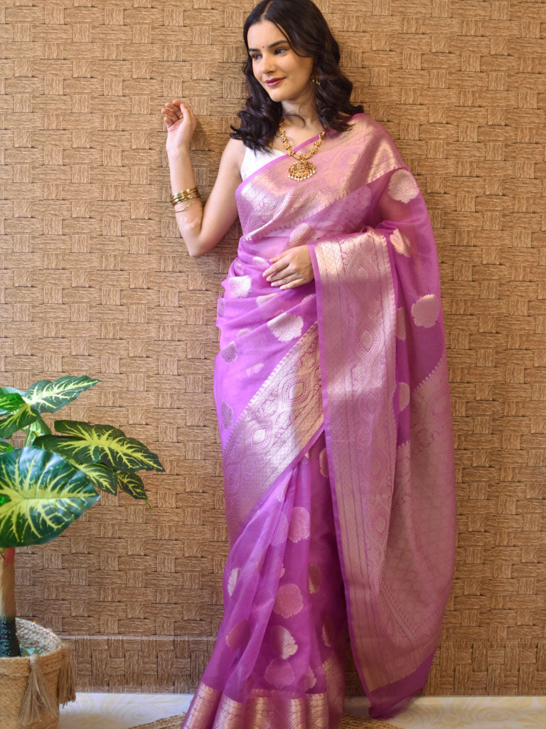 Banarasi organza Buta Saree With Zari Weaving-Mauve