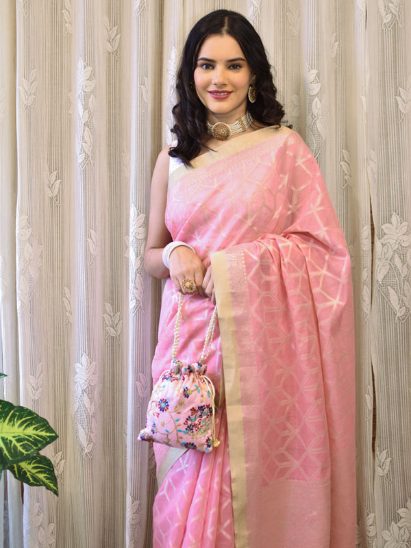 Banarasi Handloom Soft Cotton Saree Silver Zari Weaving-Pink