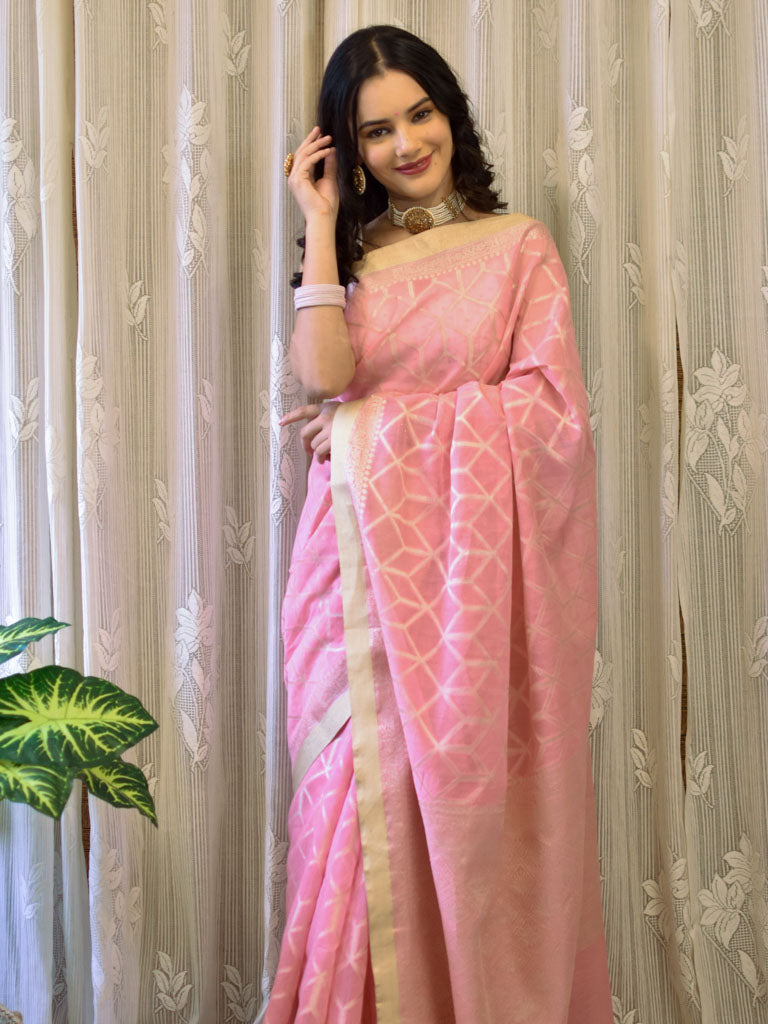 Banarasi Handloom Soft Cotton Saree Silver Zari Weaving-Pink