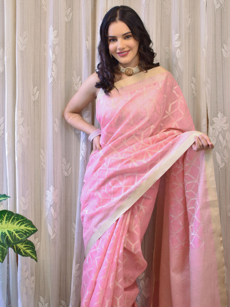 Banarasi Handloom Soft Cotton Saree Silver Zari Weaving-Pink