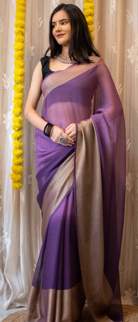 Dual Shade Semi Chiffon Saree With Zari Border-Purple
