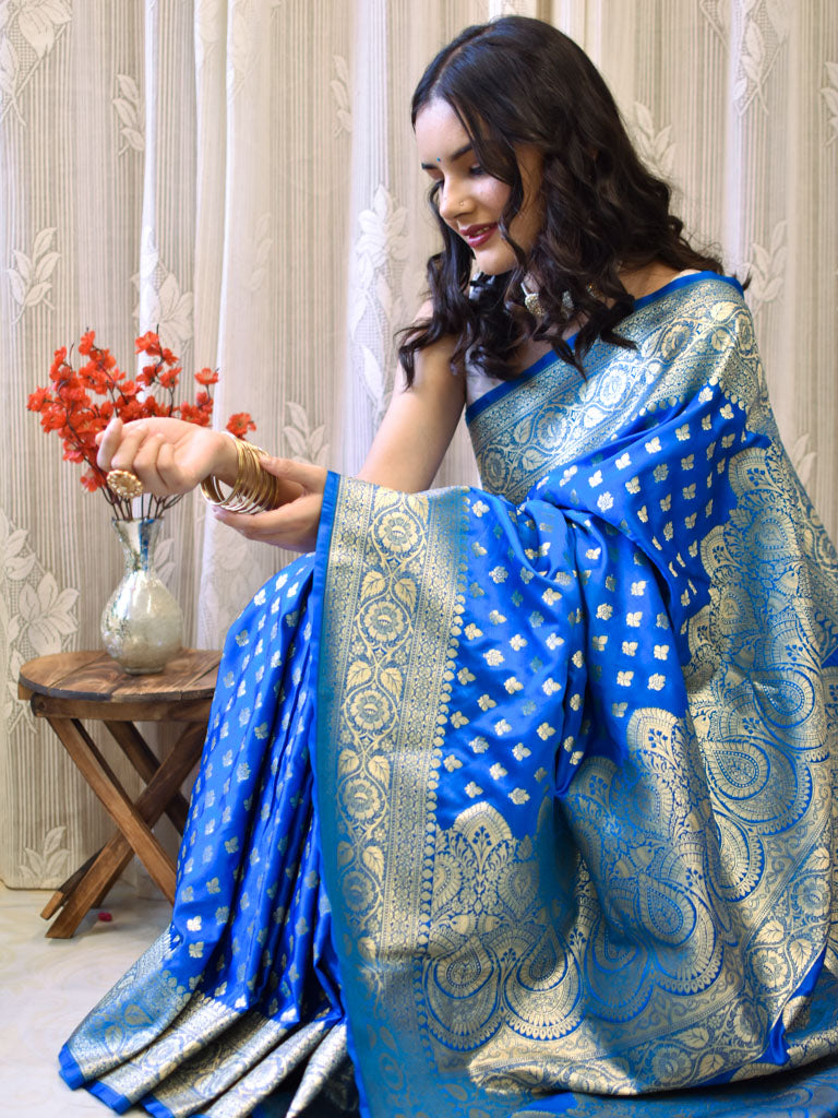Banarasi Satin Katan Silk Saree With Buti Weaving-Blue