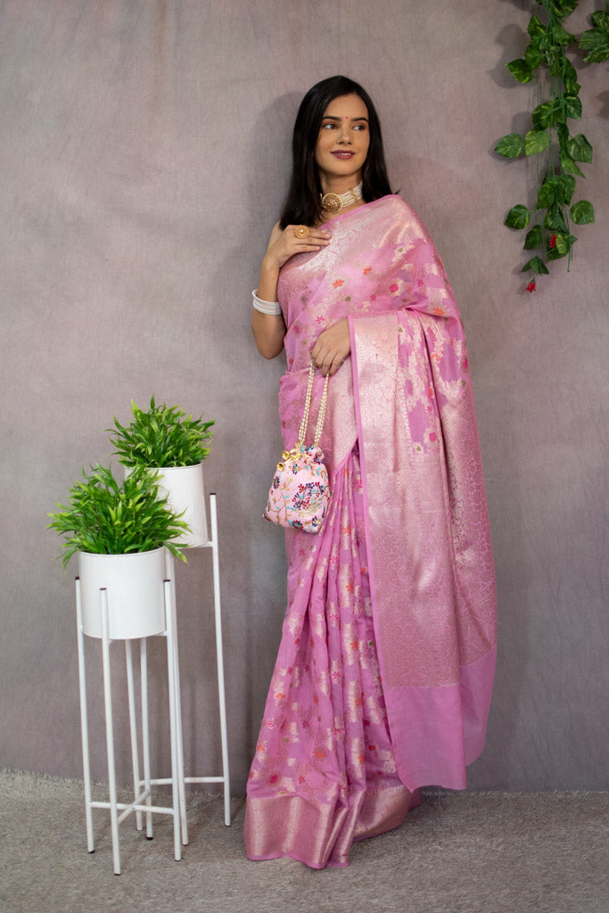 Banarasi Semi Silk Saree With Jaal Zari & Meena Weaving-Pink