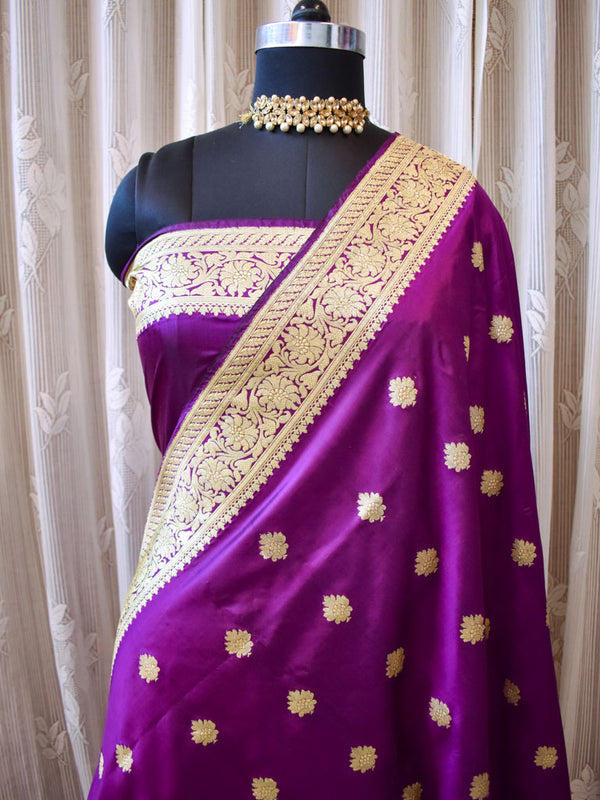 Banarasi Pure Katan Silk Saree With Zari Buti Weaving & Border-Purple