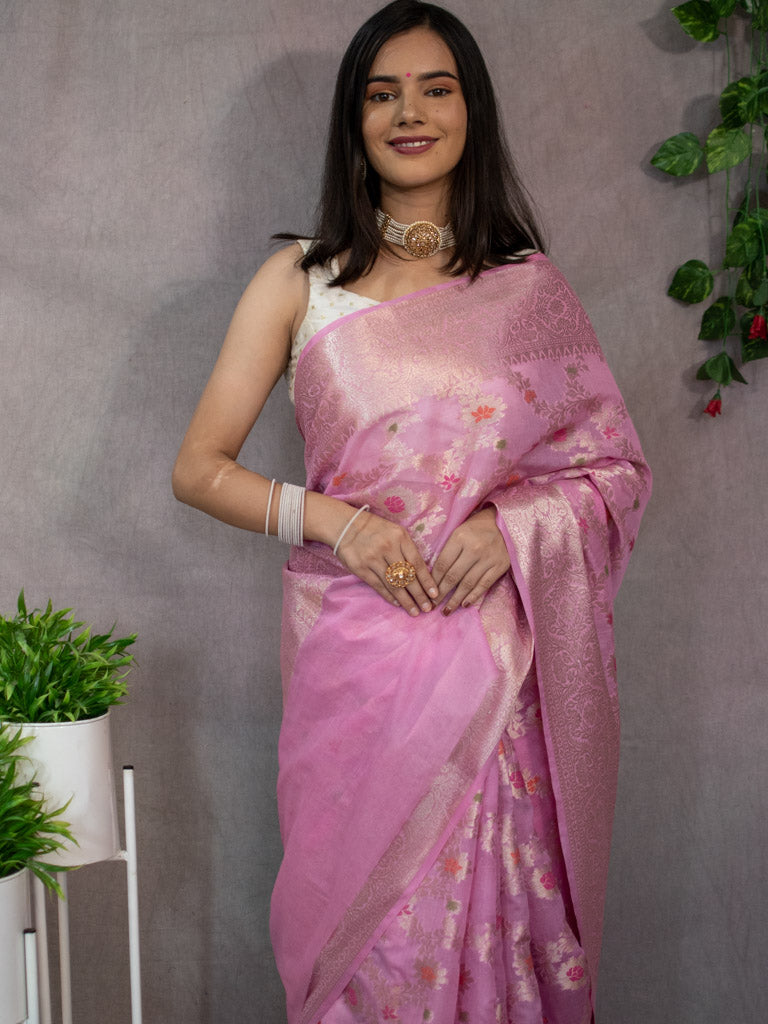 Banarasi Semi Silk Saree With Jaal Zari & Meena Weaving-Pink