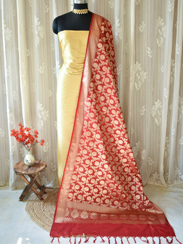 Banarasi Art Silk Floral Jaal Dupatta-Deep Red