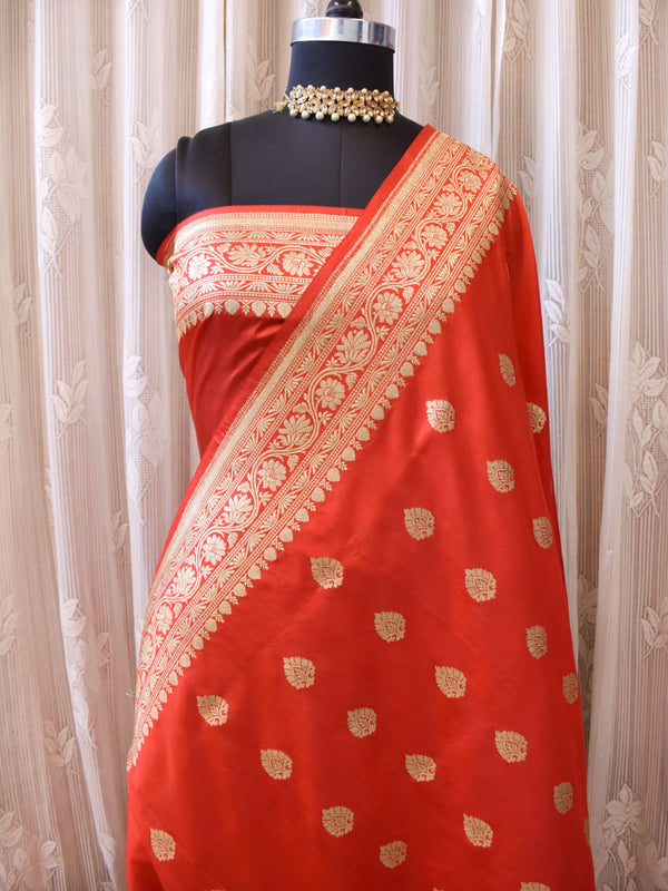 Banarasi Pure Katan Silk Saree With Zari Buti Weaving & Border-Red