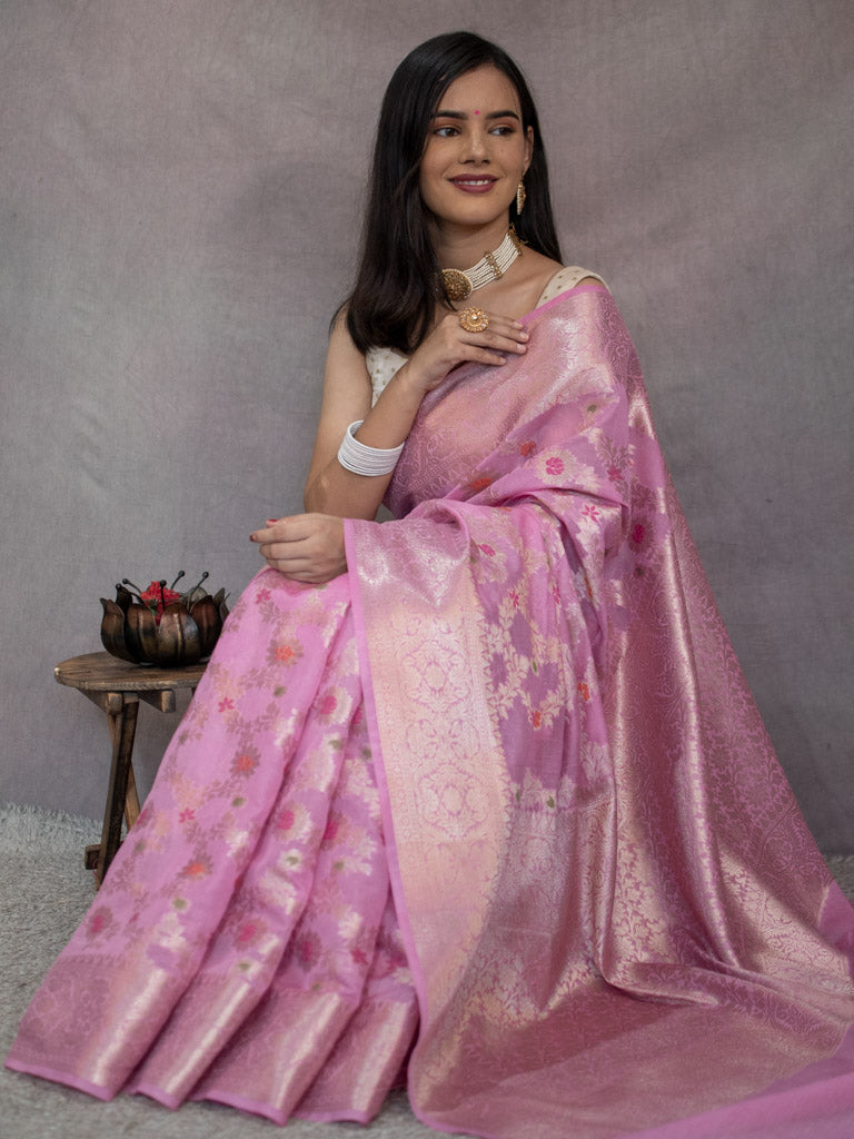 Banarasi Semi Silk Saree With Jaal Zari & Meena Weaving-Pink