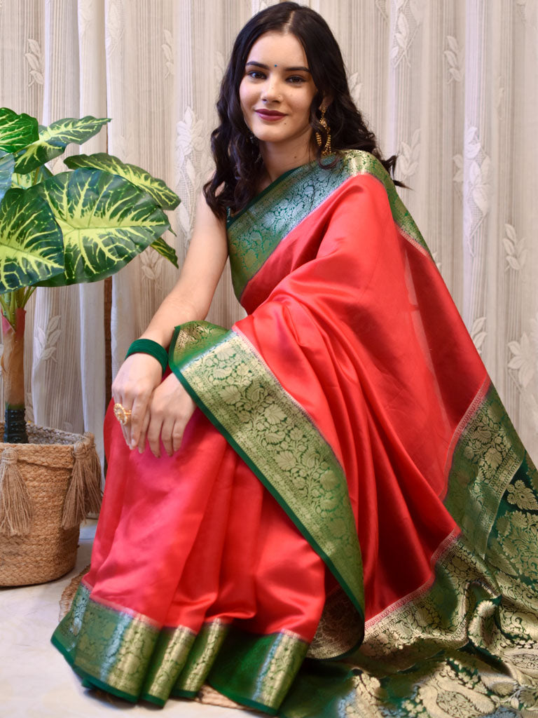 Banarasi Handwoven Plain Pure Dupion Silk Saree-Red