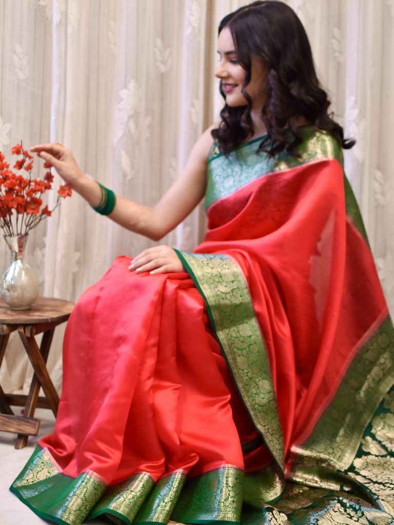 Banarasi Handwoven Plain Pure Dupion Silk Saree-Red