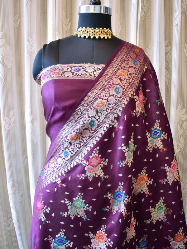 Banarasi Handwoven Pure Dupion Silk Saree With Meena & Zari Floral Weaving-Deep Purple