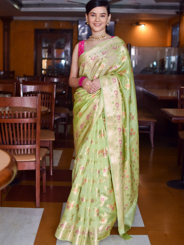 Banarasi Handwoven Pure Dupion Silk Saree With Meena & Zari Floral Weaving-Green