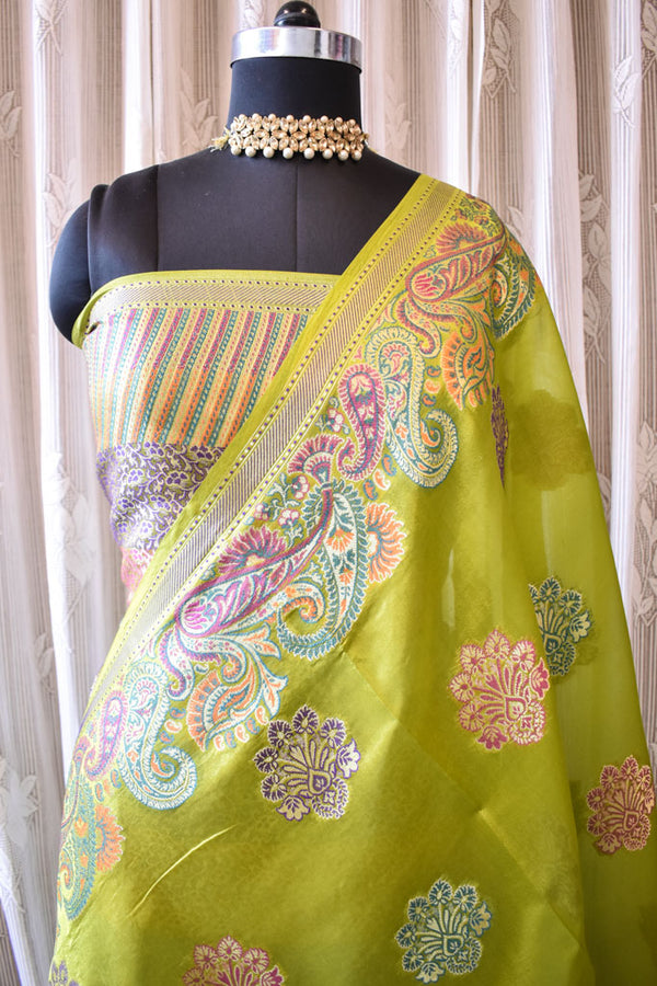 Banarasi Handwoven Pure Dupion Silk Saree With Meena & Zari Floral Weaving-Mehndi Green