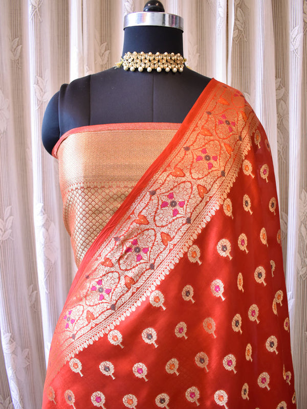 Banarasi Handwoven Pure Dupion Silk Saree With Meena & Zari Floral Weaving-Red