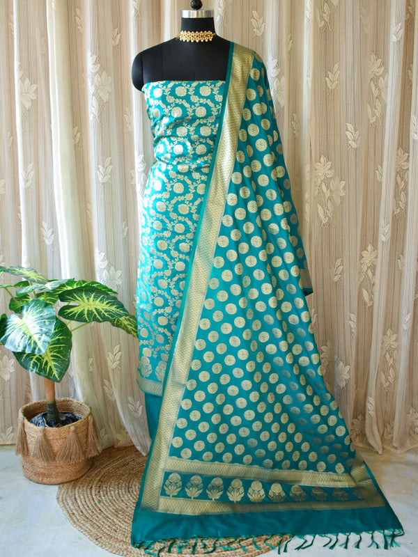 Banarasi Semi Silk Zari Weaving Salwar Kameez Material With Dupatta-Blue