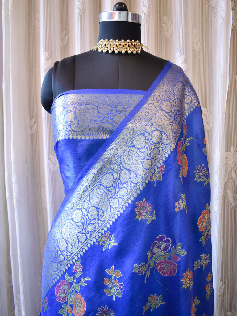 Banarasi Handwoven Pure Dupion Silk Saree With Floral Meena Weaving-Royal Blue