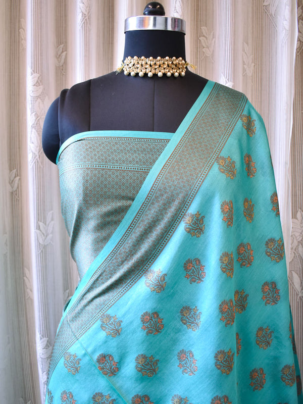 Banarasi Handwoven Pure Dupion Silk Saree With Floral Buta Weaving-Blue