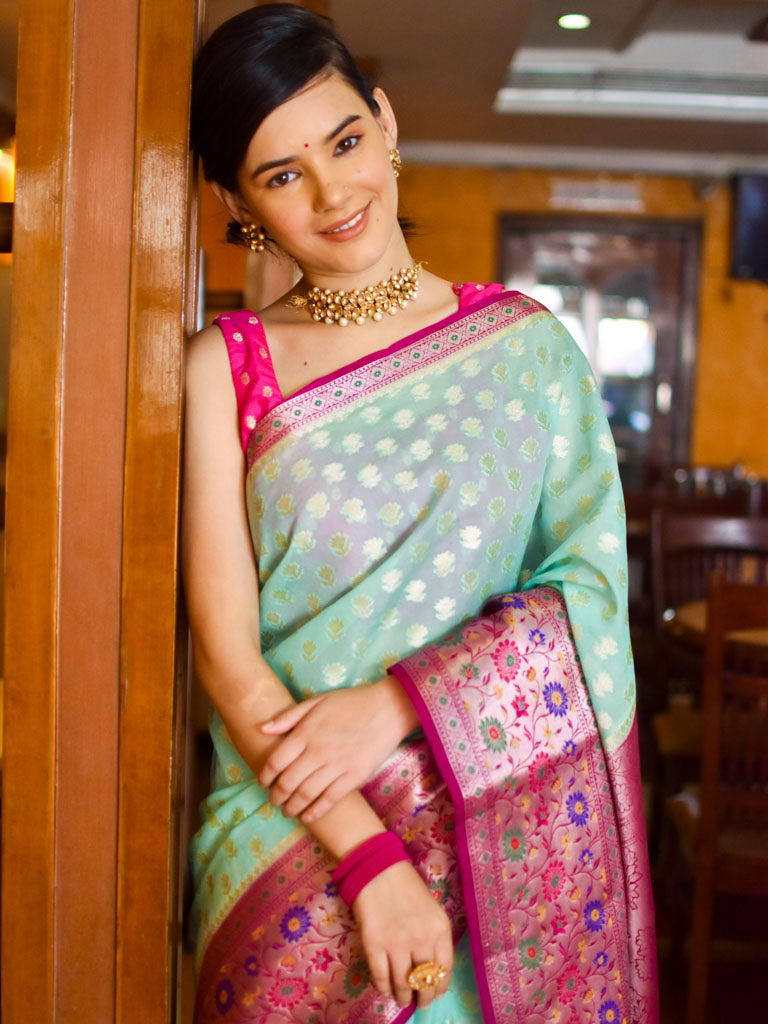 Banarasi Kora Saree With Zari Weaving & Contrast Meena Border-Green & Pink