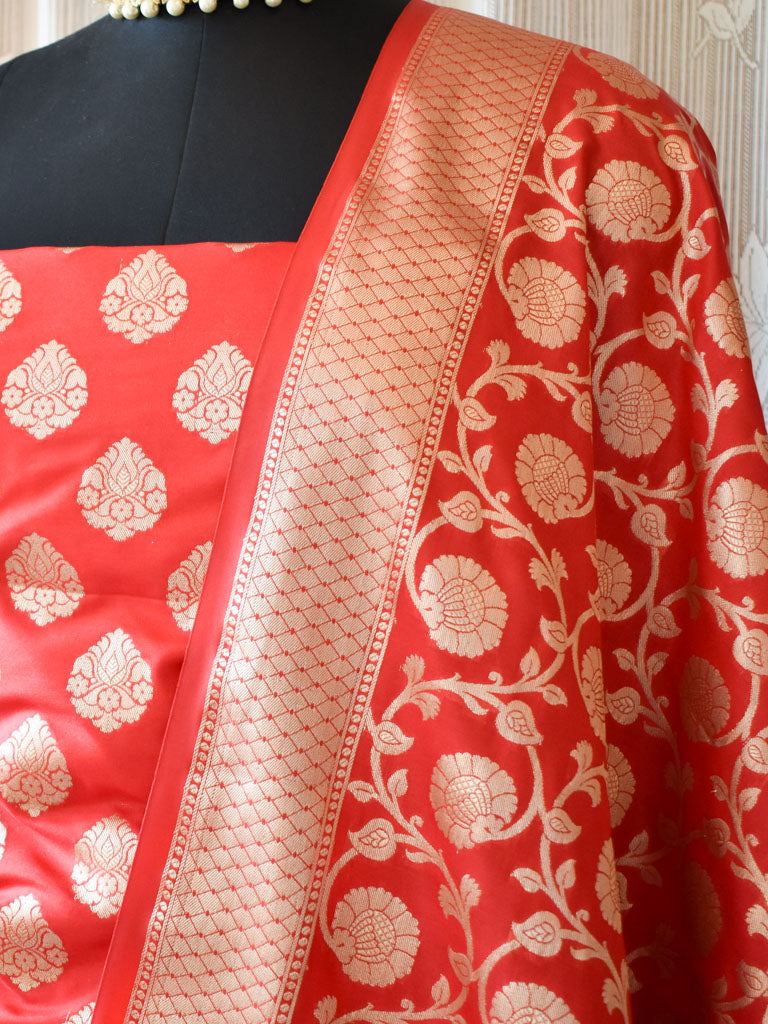 Banarasi Semi Silk Zari Weaving Salwar Kameez Material With Dupatta-Red