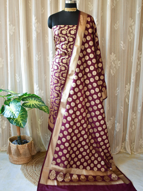 Banarasi Semi Silk Zari Weaving Salwar Kameez Material With Dupatta-Wine