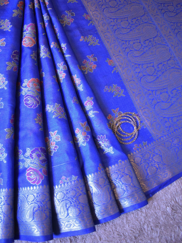 Banarasi Handwoven Pure Dupion Silk Saree With Floral Meena Weaving-Royal Blue