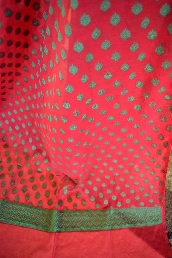 Banarasi Salwar Kameez Soft Cotton Green Resham Buti Fabric With Dupatta-Red