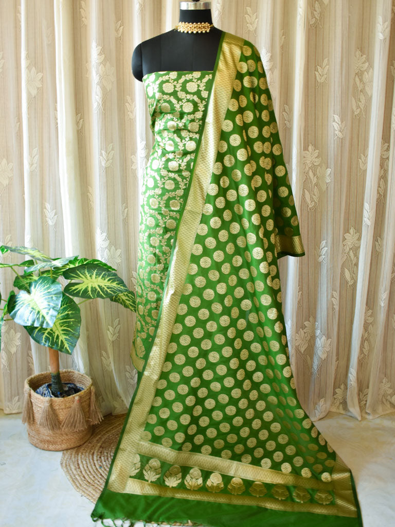 Banarasi Semi Silk Zari Weaving Salwar Kameez Material With Dupatta-Green