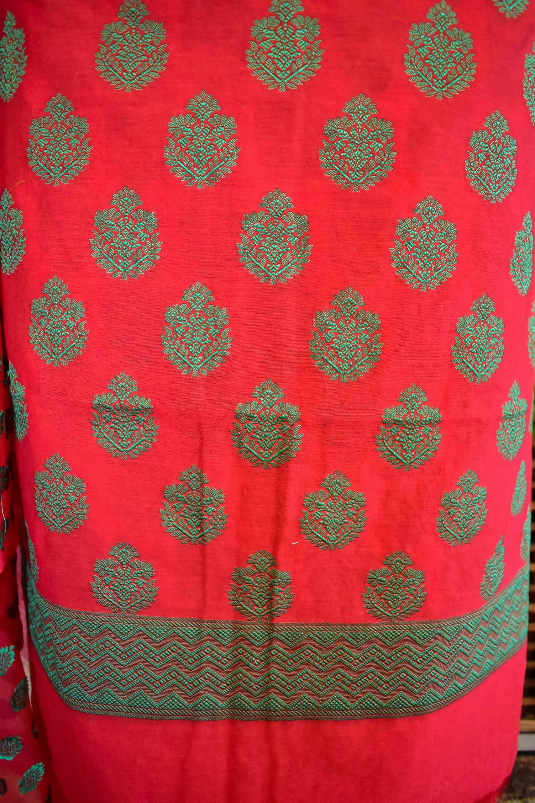 Banarasi Salwar Kameez Soft Cotton Green Resham Buti Fabric With Dupatta-Red