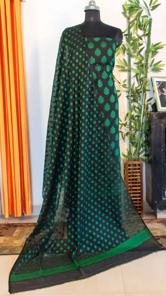 Banarasi Salwar Kameez Soft Cotton Green Resham Buti Fabric With Dupatta-Black
