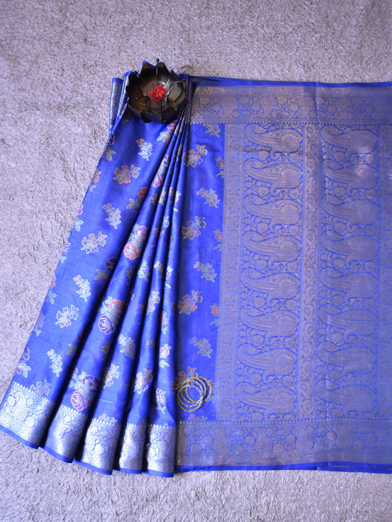 Banarasi Handwoven Pure Dupion Silk Saree With Floral Meena Weaving-Royal Blue