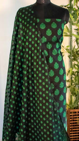 Banarasi Salwar Kameez Soft Cotton Green Resham Buti Fabric With Dupatta-Black