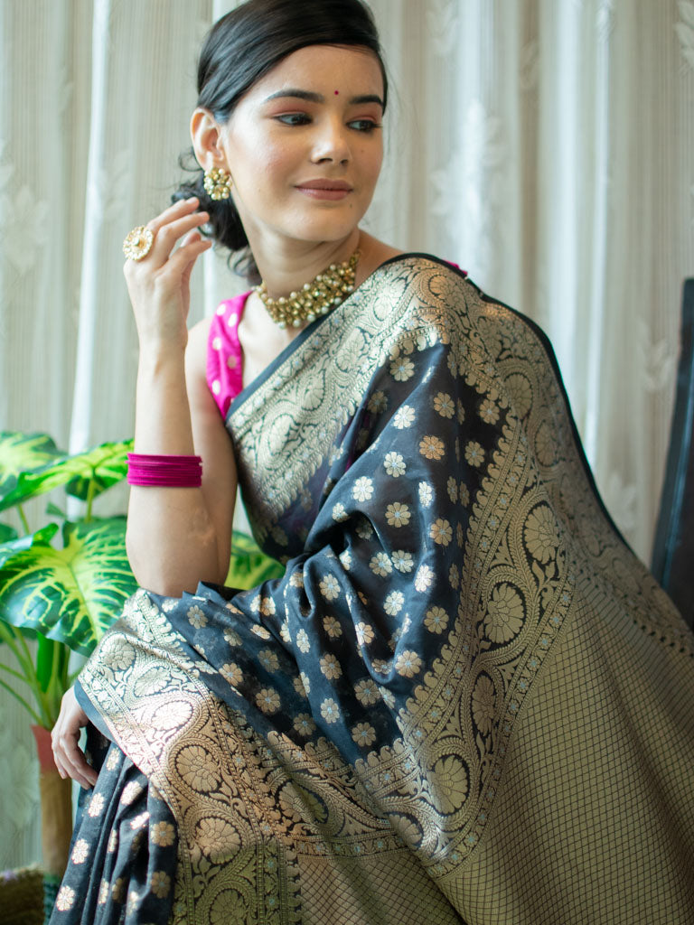 Banarasi Semi Georgette Saree With Antique  Zari Buti Weaving & Border-Black