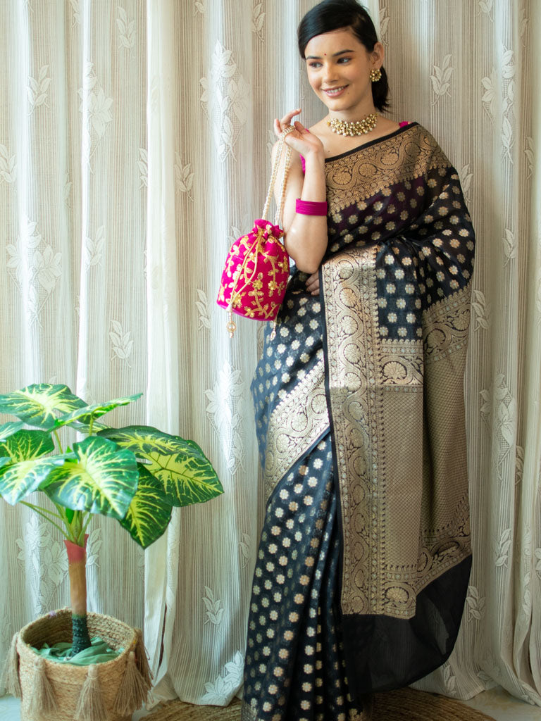 Banarasi Semi Georgette Saree With Antique  Zari Buti Weaving & Border-Black