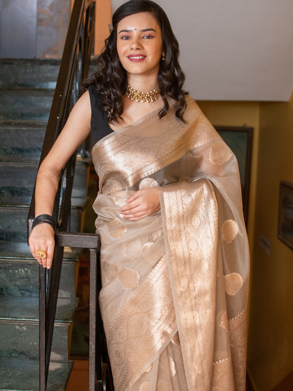 Banarasi organza Buta Saree With Zari Weaving-Dull Gold