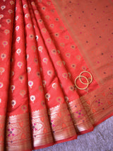 Banarasi Handwoven Pure Dupion Silk Saree With Meena & Zari Floral Weaving-Red